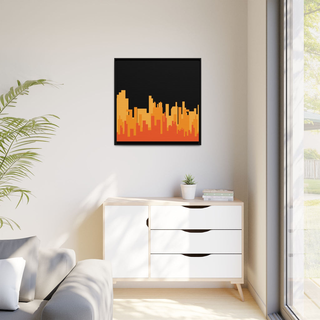 City Skyline Matte Canvas Print — Modern Pixelated Orange Urban Art (Framed)