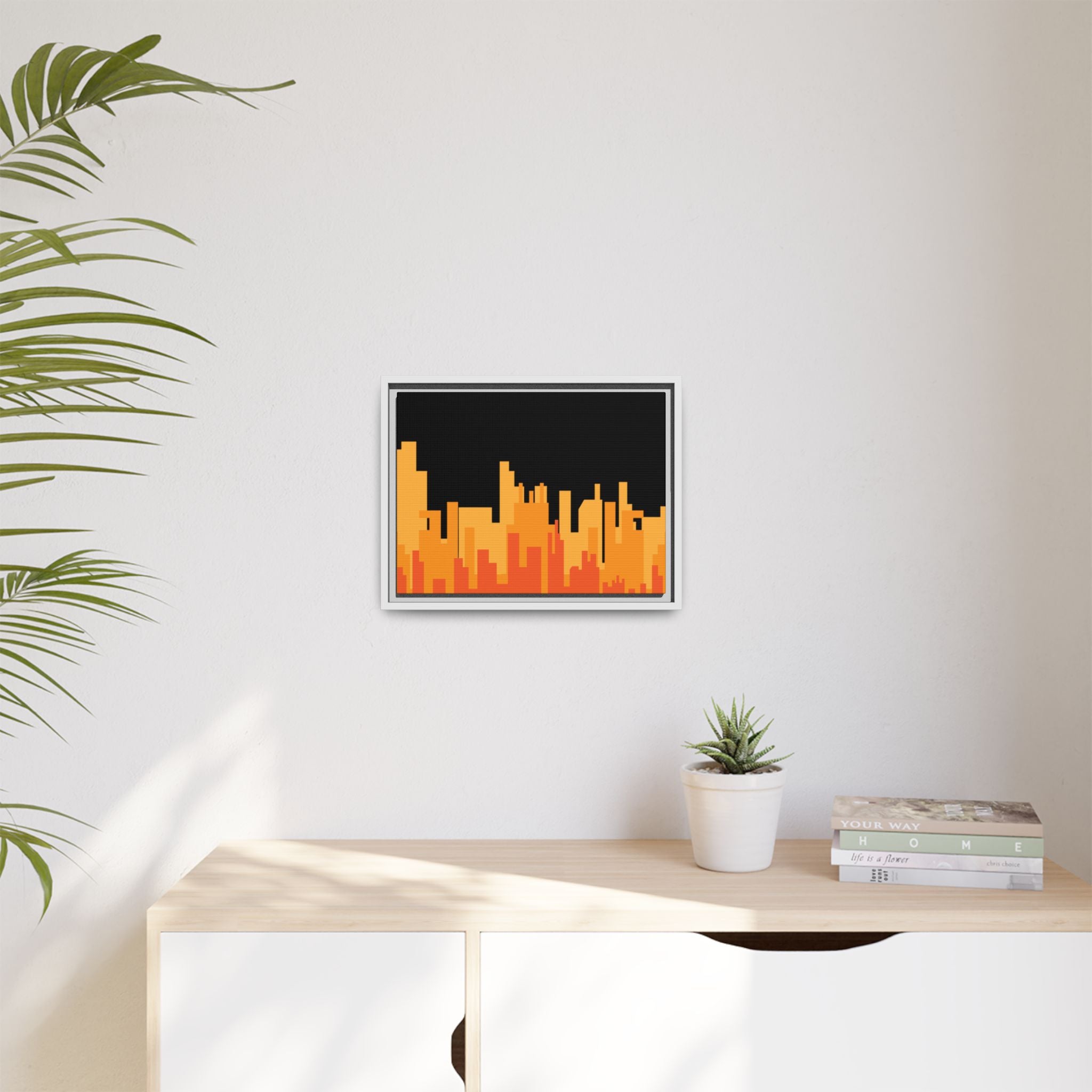 City Skyline Matte Canvas Print — Modern Pixelated Orange Urban Art (Framed)