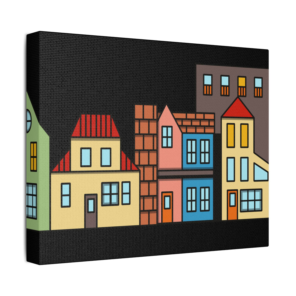 Colorful Row Houses Satin Canvas Wall Art — Stretched Cityscape Print