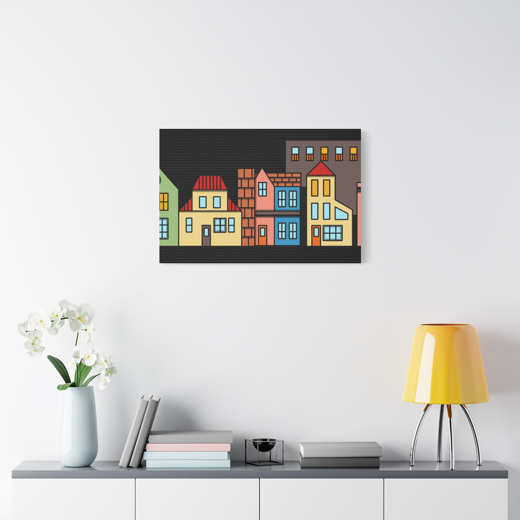 Colorful Row Houses Satin Canvas Wall Art — Stretched Cityscape Print