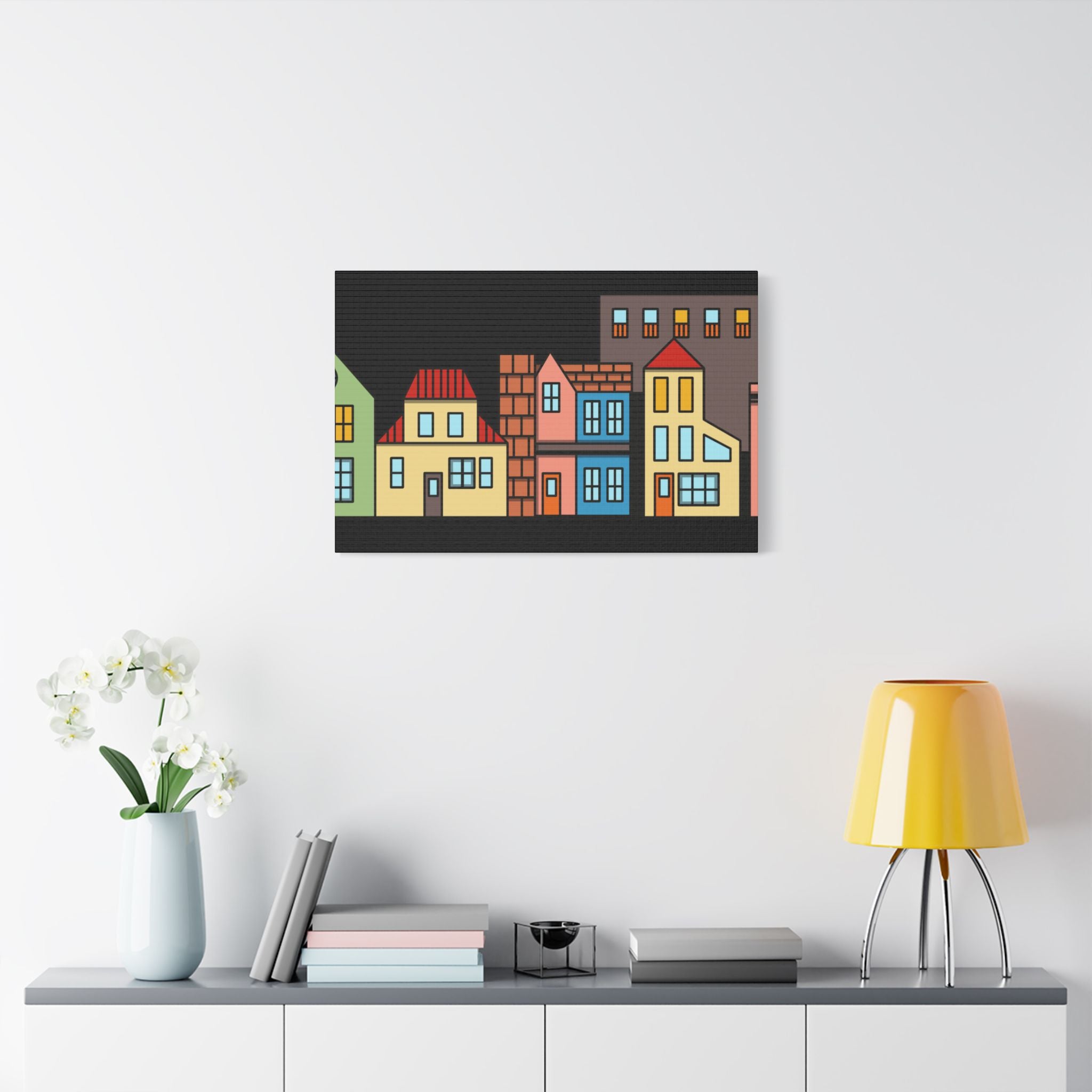 Colorful Row Houses Satin Canvas Wall Art — Stretched Cityscape Print
