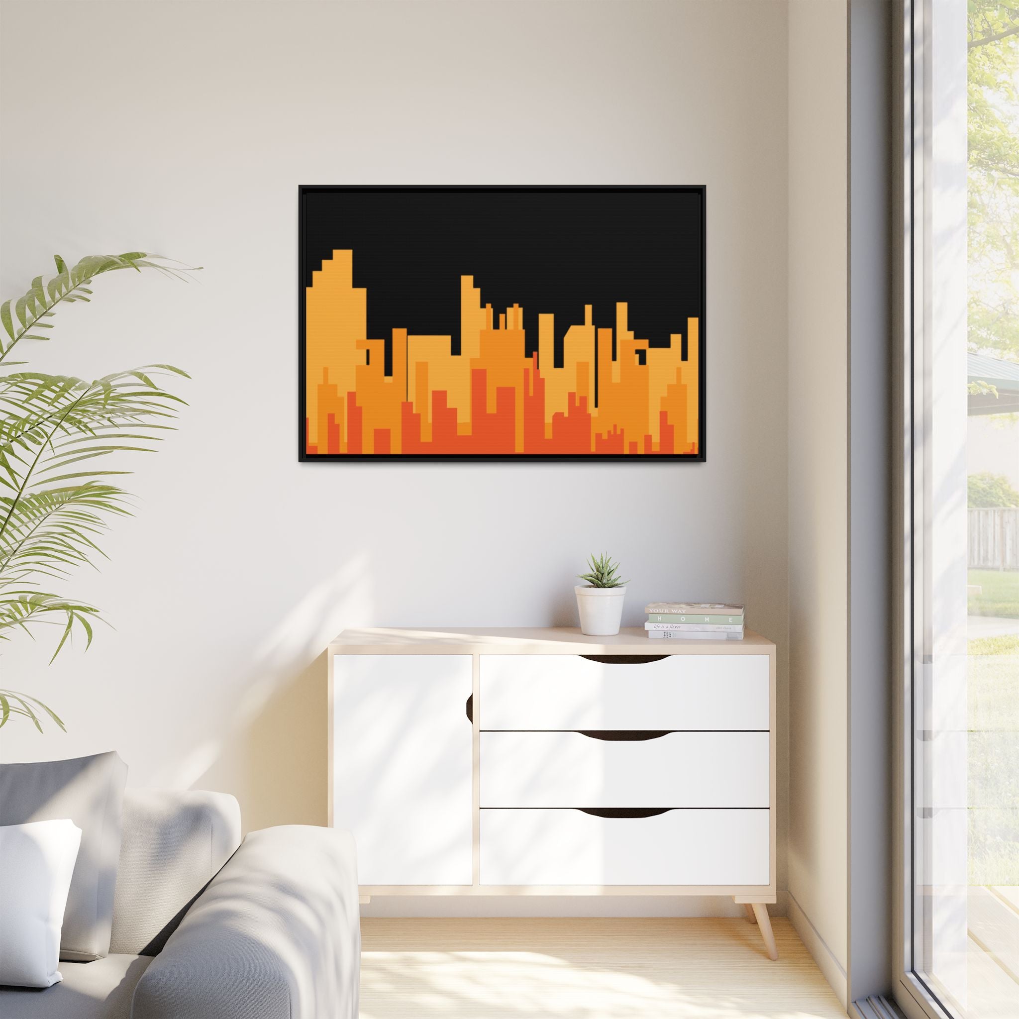 City Skyline Matte Canvas Print — Modern Pixelated Orange Urban Art (Framed)