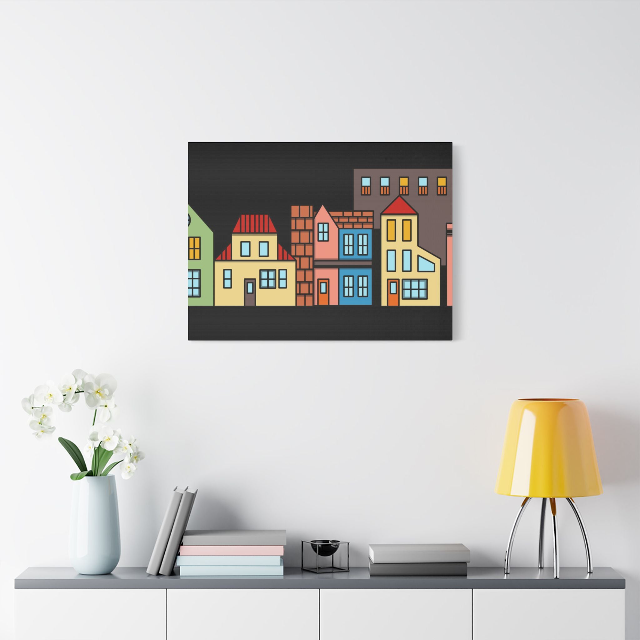 Colorful Row Houses Satin Canvas Wall Art — Stretched Cityscape Print