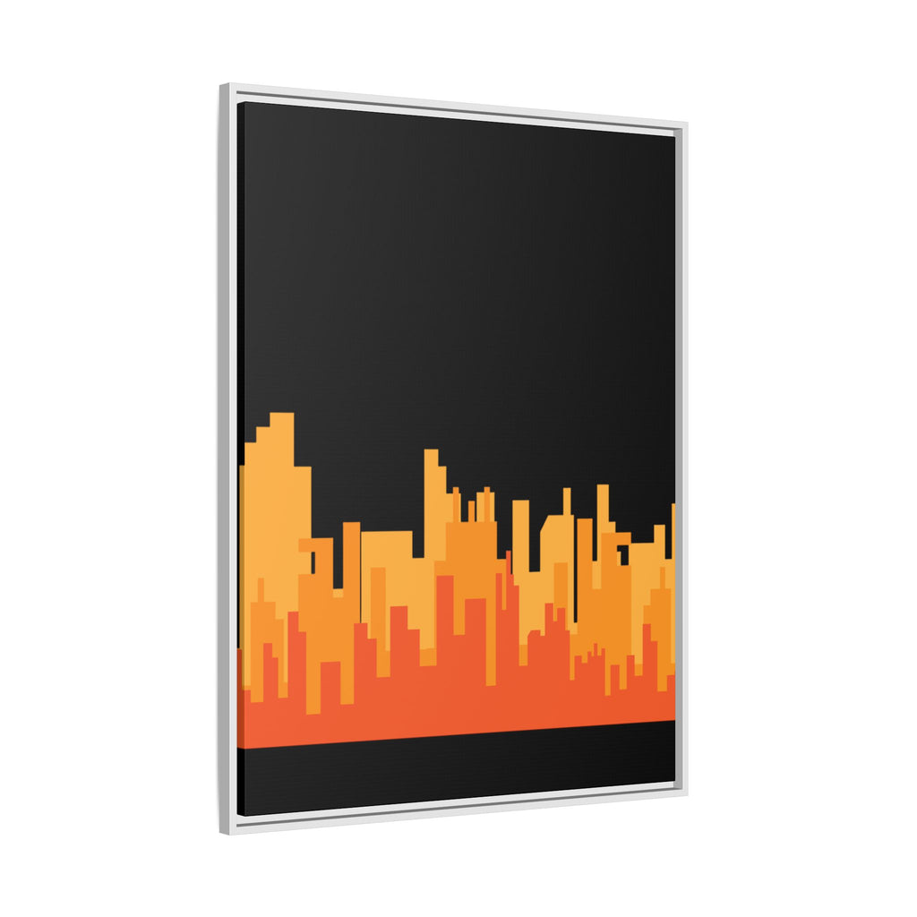City Skyline Matte Canvas Print — Modern Pixelated Orange Urban Art (Framed)